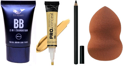 BLUEMERMAID FLAWLESS FOUNDATION + CONCEALER + BLACK PENCIL + MAKEUP BLENDER COMBO(4 Items in the set)