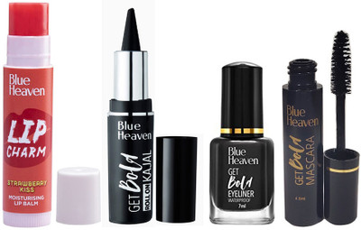BLUE HEAVEN Lip Charm Strawberry Lip Balm + Bold Roll On Kajal + eyeliner+ Mascara(4 Items in the set)