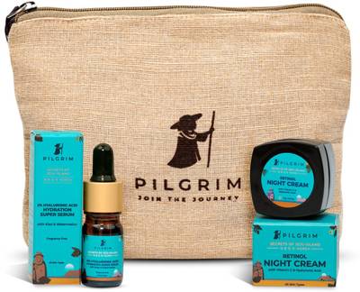 Pilgrim Good Night Kit With Retinol Night Cream, Hyaluronic Acid Serum & Jute Bag