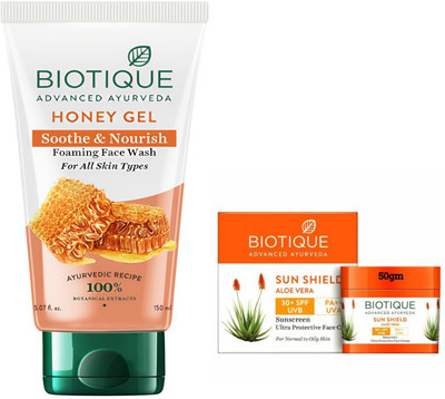 BIOTIQUE Honey Gel Face Wash 150ml & Sun Shield Aloevera Sun Screen 50gm(2 Items in the set)