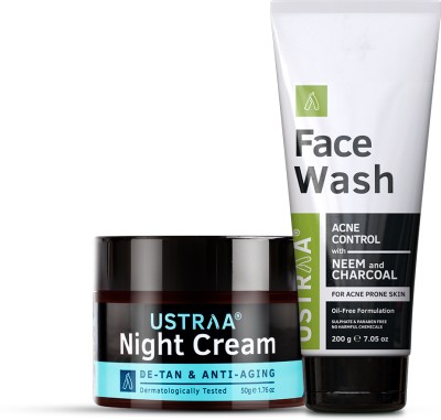 USTRAA Night Cream Detan and Anti-aging 50g & FaceWash Acne Control-Neem&Charcoal 200g(2 Items in the set)