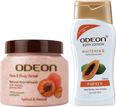 ODEON FREE Whitening Papaya Body Lotion, 100 ML with Apricot & Almond Face and Body Scrub, 300ML | Natural Nourishment(2 Items in the set)