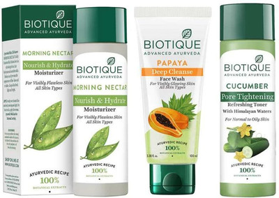 BIOTIQUE MORNING NECTAR MOSTURIZER & PAPAYA FACE WASH & CUCUMBER REFRESHING TONER(3 Items in the set)
