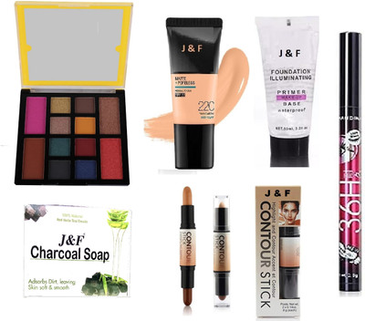 J & F 12 Color Eyeshadow,Foundation,Charcoal Soap,Eyeliner,Primer,Contour(6 Items in the set)