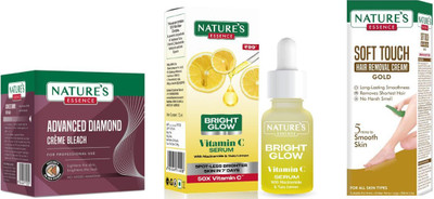 Nature's Diamond Cream Bleach (21g) Bright Glow Vitamin C Serum (12ml) Soft Touch Hair Removal Cream Gold (30g)(3 Items in the set)