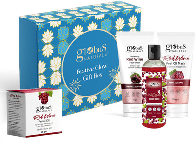 Globus Naturals Red Wine Diwali Glow Gift Box For Wrinkle Treatment Formula(4 Items in the set)