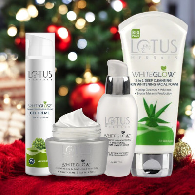 LOTUS HERBALS WhiteGlow Skin Brightening Gel Cream 75g with night cream 60g WhiteGlow Serum Moisturiser30ML WhiteGlow 3 IN 1 Facial Foam 200g(4 Items in the set)