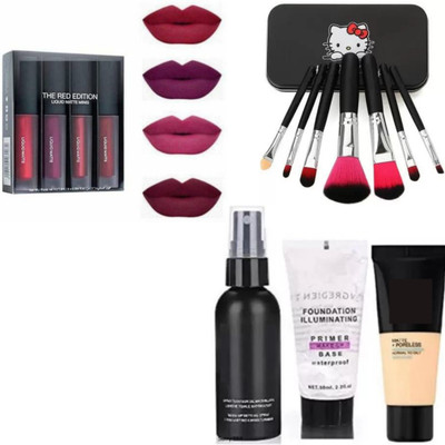 Valhalla makeup combo kit Primer Fixer Foundation Black kitty 4 mini Lipstick(8 Items in the set)