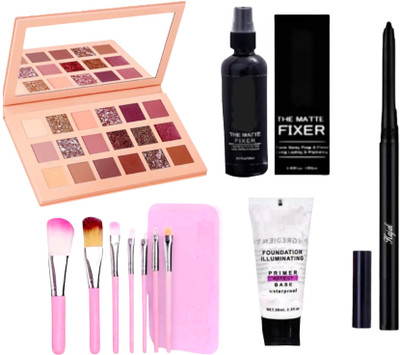 Mehaay cosmetics 18 color Eyeshadow with 7 Pcs Mini makeup brushes, Kajal, Fixer and Primer(5 Items in the set)