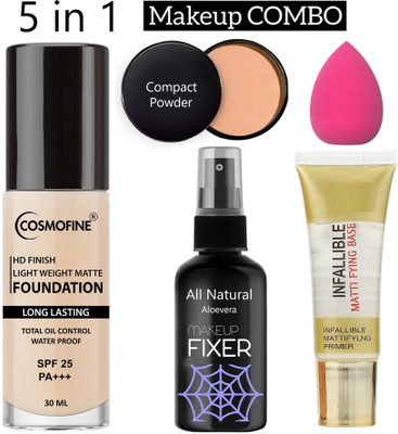 cosmofine Makeup Combo Kit, Face Makeup Combo of Foundation + Fixer + Primer + Compact + Sponge(5 Items in the set)