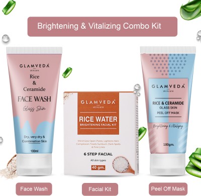 GLAMVEDA Rice & Ceramide Korean Glass Skin Combo Gift Pack ( Face Wash + Facial Kit + Peel Off Mask )(3 Items in the set)