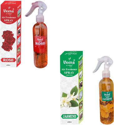 Veena Combo Air Freshener Spray/Room Freshener/Car Perfume 250 ml Rose & Jasmine Fragrance for Home & Office(2 Items in the set)