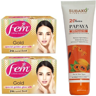 Fem CREME BLEACH GOLD 2 PC EACH 40 GM AND PAPAYA FACE WASH 120 ML(3 Items in the set)