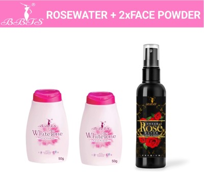 bbts WHITE TONE POWDER 50G 2 PACK WITH PREMIUM ROSEWATER 100ML(3 Items in the set)