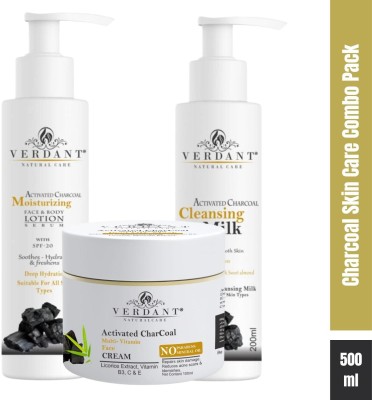 Verdant Natural Care Activated Charcoal Body Lotion 200ml | Charcoal Face Cream 100ml | Charcoal Cleansing Milk 200ml ( Combo Pack)(3 Items in the set)