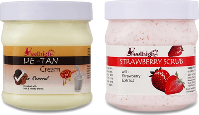 feelhigh Face and Body De tan Cream 500gm And Strawberry Scrub 500gm - Skin care and Facial Products -Man woman(2 Items in the set)