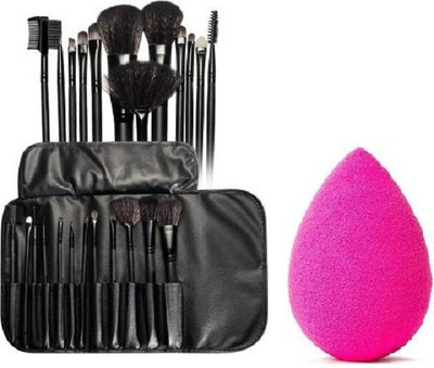 Rsentera 12 Pcs Synthetic Makeup Brush with Leather Case and Sponge Puff (Pack of 2)(13 Items in the set)
