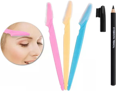 PERLENTE Professional Makeup black Eyebrow Pencil 3 eye Razor combo(2 Items in the set)