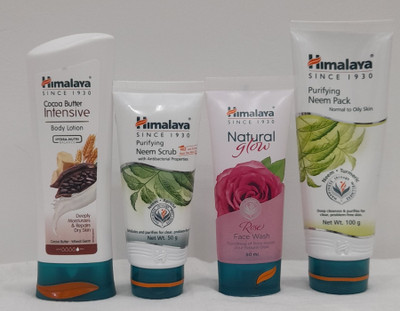HIMALAYA Cocoa Butter Intensive Body Lotion 100ML,Purifying Neem Scrub 50ML,Natural Glow Rose Face Wash 50ML&Purifying Neem Pack100 Gm(4 Items in the set)