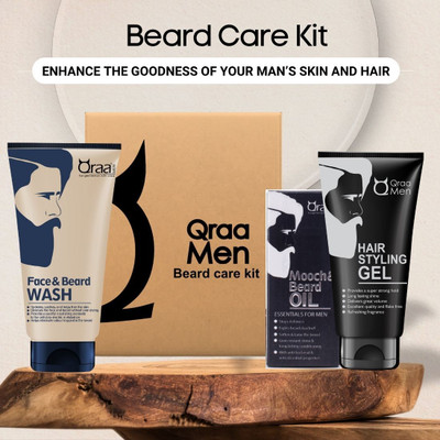 Qraa Beard Care Kit -Mooch & Beard Oil-For Hair Growth,Face And Beard Wash And Hair Styling Gel For Men (3 Items In The Set) For Rs. 199 @ 68% off
