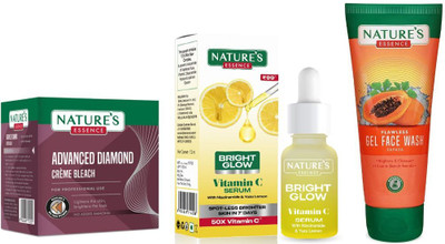 Nature's Diamond Cream Bleach (21g) Bright Glow Vitamin C Serum (12ml) Papaya Gel Face Wash (50ml)(3 Items in the set)