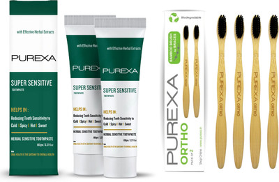 PUREXA Combo Pack of 2 Sensitive Toothpaste For Sensitivity Teeth & 4 Ortho Bamboo Charcoal Toothbrush for Braces Ultra Soft(6 Items in the set)