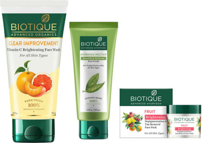 BIOTIQUE Vitamin C Face Wash 150ml & Morning Nectar Scrub 100ml & Fruit Brightening Face Pack 75g(2 Items in the set)
