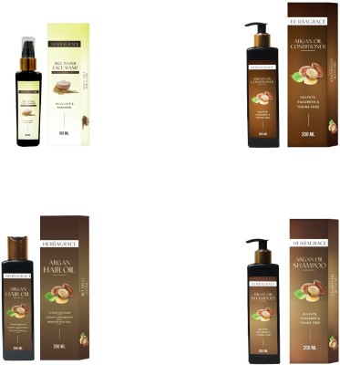 HERBAGRACE Combo Kit Includes Rice Water Facewash 100ml, Along with Argan Oil Range of Oil 200ml, Shampoo 200ml & Conditioner 200ml(4 Items in the set)