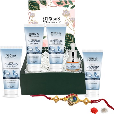 Globus Naturals Diamond Rakhi Gift Box For Brother & Sister Set of 5, Face Wash, Face Cream, Face Scrub, Face Pack, & Face Serum(5 Items in the set)
