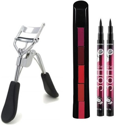 Lusty soul New Combo Of Black Eyelash Curler With 5in1 Lipstick Red & 2Pcs 36h Eyeliner(4 Items in the set)