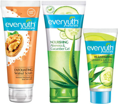 Everyuth Naturals Exfoliting Walnut Scrub (100g), Cucumber & Aloevera Gel (150g), Cucumber & Aloevera Pack (50g)(3 Items in the set)