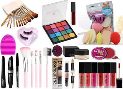 SUBHMUN BEST FACE MAKEUP COMBO EYESHADOW PALETTE & 5 PCS MAKEUP BRUSH & PUFF PACK & LIPSTICK COMBO(40 Items in the set)