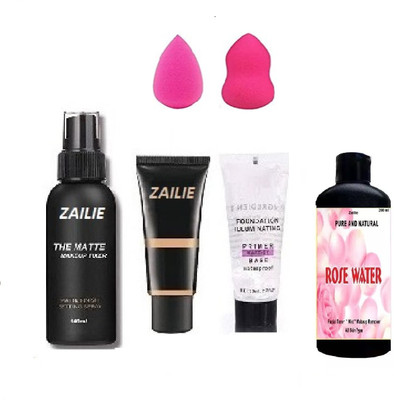 Zailie Combo of Primer, Fixer, Foundation, Gulab Jal 200ml, 2 Blender Puff for Face(6 Items in the set)