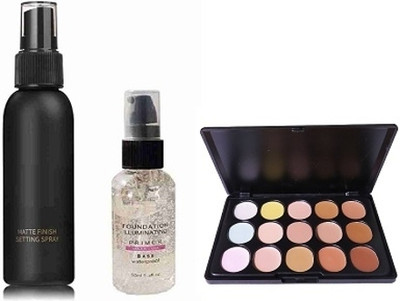 prikcy makeup combo pack fixer, face primer, concelar palette(3 Items in the set)