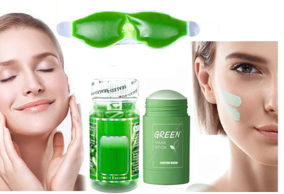 YAWI FACIAL CAPSULE VITAMIN E GREEN STICK MASK FOR BLACK HEAD REMOVE EYE MASK FOR COOL SLEEPING(4 Items in the set)