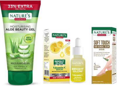 Nature's Moisturising Aloe Beauty Gel (150g) Bright Glow Vitamin C Serum (12ml) Soft Touch Hair Removal Cream Gold (30g)(3 Items in the set)