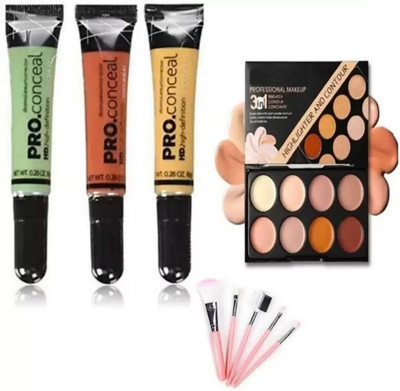 Jollity HD Pro Concealer(Orange,Yellow,Green) & Highlighter Contour 9727 Concealer & 5 Piece Make Up Brush(9 Items in the set)