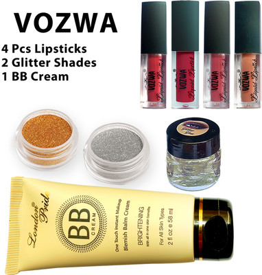 VOZWA Makeup Combo - 4 Lipstick Shades + 2 Glitter Powder with Glue(8 Items in the set)
