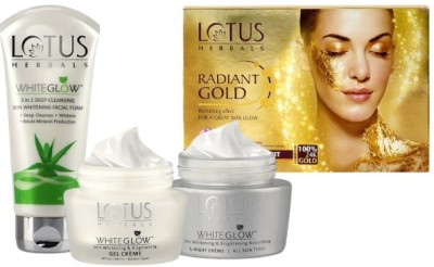 LOTUS HERBALS WHITEGLOW Day and Night CREAM 60g & FACIAL FOAM 100G WITH RADIANT GOLD Cellular Glow Salon Grade 4 FACIAL KIT 37g(4 Items in the set)