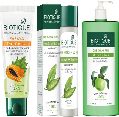BIOTIQUE Papaya Deep Cleanse Face Wash 100ml,Morning nectar moisturizer 120ml,Green apple shampoo 650ml combo of 3 (870ml)(3 Items in the set)