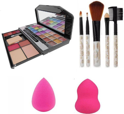 RTB Combo of Eye Shadow Makeup Kit + Brush Set of 5 + 2 Sponge(8 Items in the set)