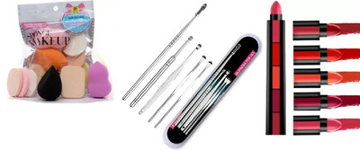 Lusty soul 6 in 1 Makeup Spounge Puff Set & Ear Wax Removal Tool With Matte Ultra Smooth 5 in 1 Lipstick 5in1(8 Items in the set)