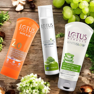 LOTUS HERBALS WhiteGlow Skin Brightening Gel Crème SPF25 PA+++75G, 3 In 1 Cleansing FacialFoam100G & 3 In 1 MatteLook Sunscreen SPF40 PA+++75G(3 Items in the set)