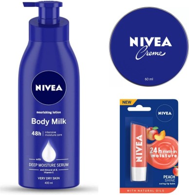 NIVEA Body Milk Nourishing Lotion 400 ML , Creme 60 ML & Peach Lip Balm(3 Items in the set)