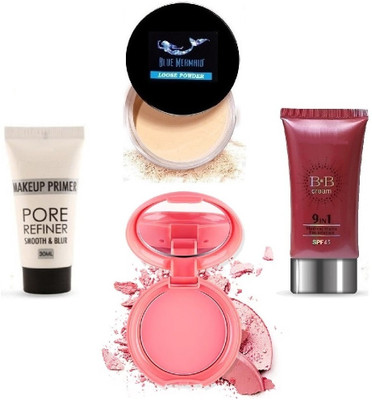 BLUEMERMAID NEW BEST PRIMER BB FOUNDATION LOOSE POWDER & BLUSHER KIT BEST MAKEUP COMBO KIT(4 Items in the set)