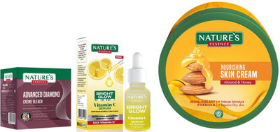 Nature's Diamond Cream Bleach (21g) Bright Glow Vitamin C Serum (12ml) Skin Cream Almond & Honey (400ml)(3 Items in the set)