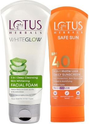 LOTUS HERBALS Whiteglow 3 In 1 Deep Cleansing Skin Brightening Facial Foam100G with Safe Sun 3 In 1 Matte-Look Daily Sunscreen SPF 40 PA+++75g(2 Items in the set) LOTUS HERBALS Whiteglow 3 In 1 Deep Cleansing Skin Brightening Facial Foam100G with Safe Sun 3 In 1 Matte-Look Daily Sunscreen SPF 40 PA+++75g(2 Items in the set)