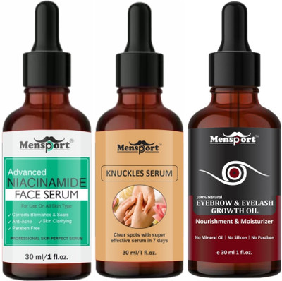 Mensport Advanced Niacinamide Serum, Knuckles Serum & Eyebrow and Eyelash Growth Oil Combo Pack (Each, 30ml)(3 Items in the set)