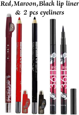 Yuvami's Smudge Proof 36 H Eyeliners With 3 Pcs Lip Liners(Red, Maroon & Black)(5 Items in the set)