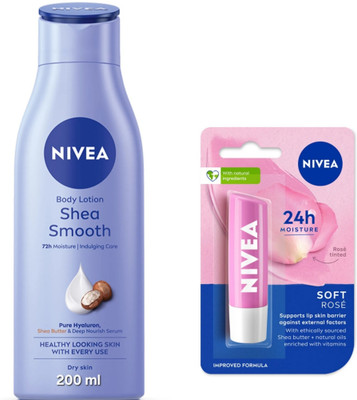 NIVEA SHEA SMOOTH BODY LOTION 200 ML & SOFT ROSE LIP BALM 4.8G(2 Items in the set)